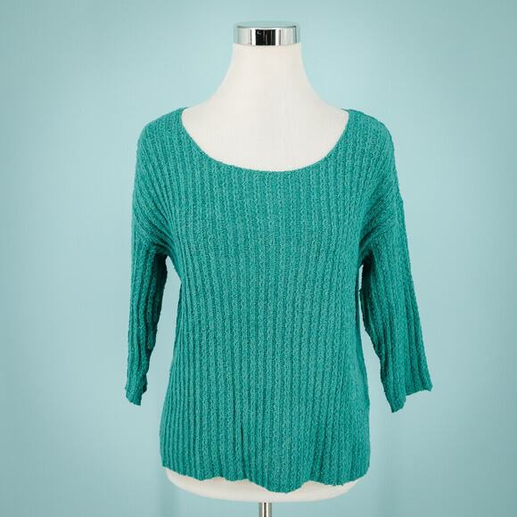 Peruvian Connection Size Small S Green Pima Cotton Ribbed 3/4 Sleeve Sweater - Picture 1 of 5